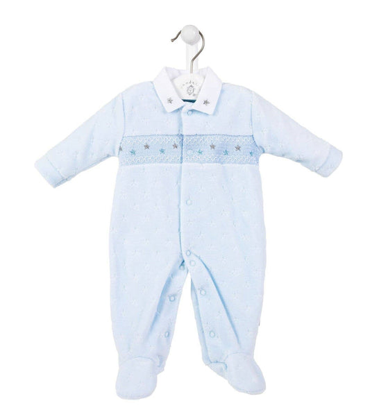Blue star velour smocked sleepsuit Dandelion