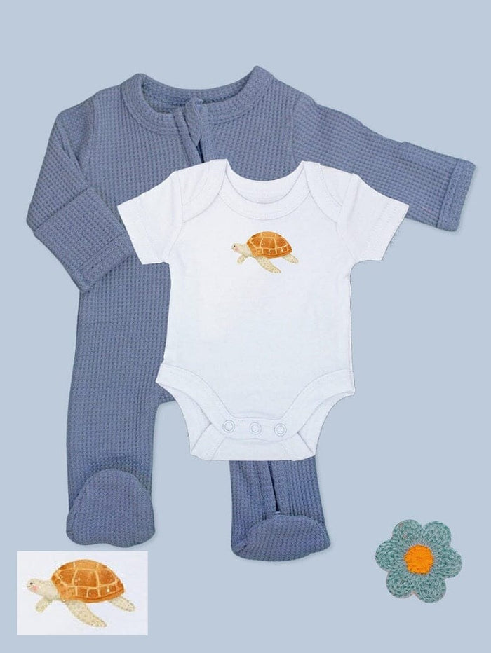 Blue zipped Sleepsuit & Turtle Motif Bodysuit Set. Set Little Dreamer