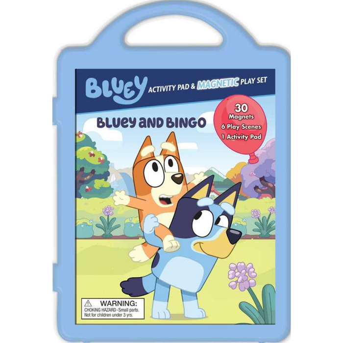 Bluey and Bingo magnetic play set with activity pad, magnets, play scenes, and blue carrying case.