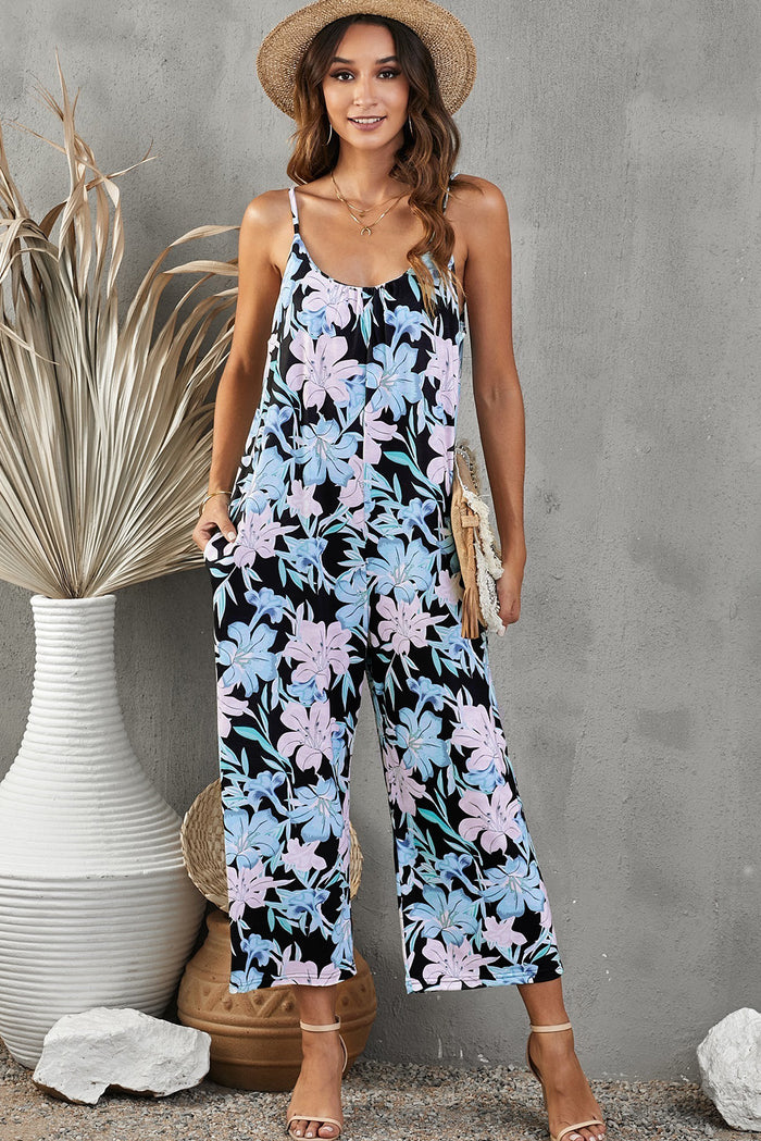Botanical Print Spaghetti Strap Cropped Pocketed Jumpsuit
