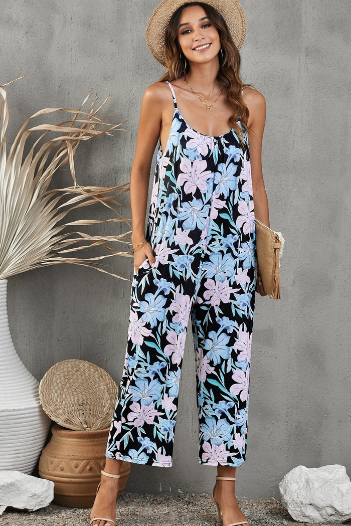 Botanical Print Spaghetti Strap Cropped Pocketed Jumpsuit