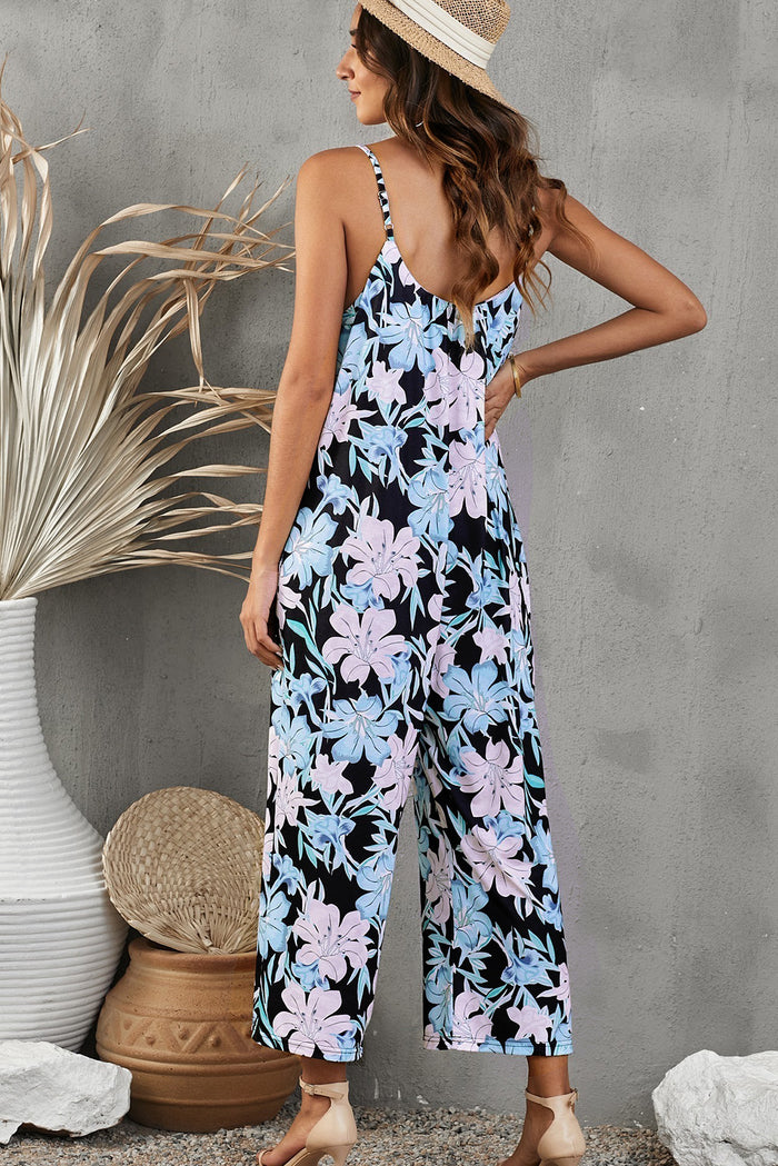 Botanical Print Spaghetti Strap Cropped Pocketed Jumpsuit