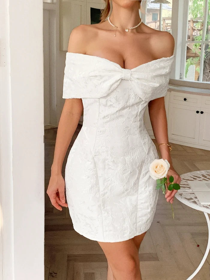 Bow Off-Shoulder Textured Mini Dress