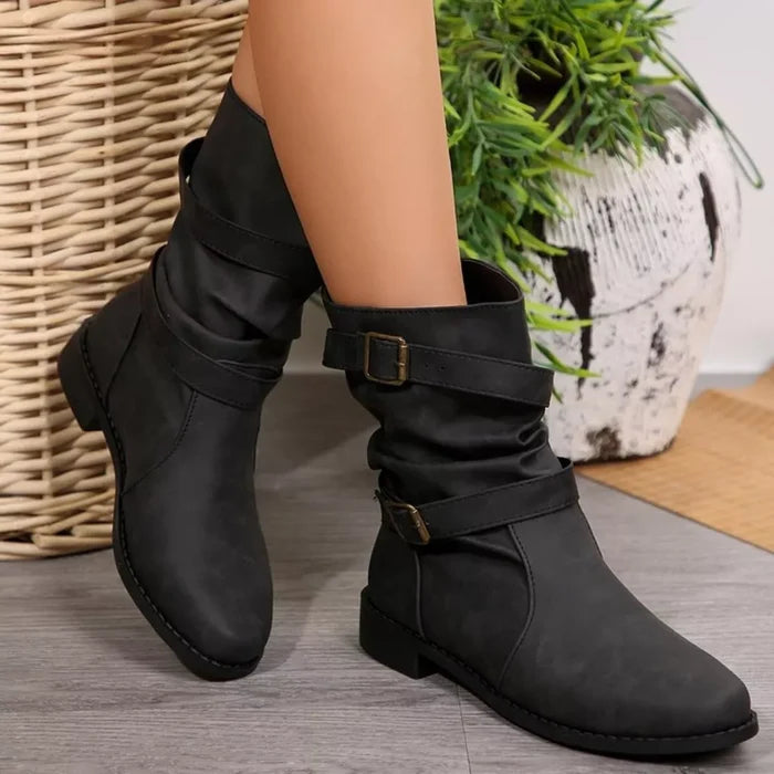 Buckled Low Heel Boots