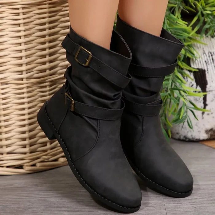 Buckled Low Heel Boots