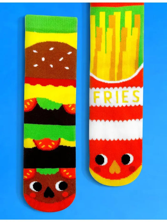mismatched burger and fries novelty socks front view for food lovers
