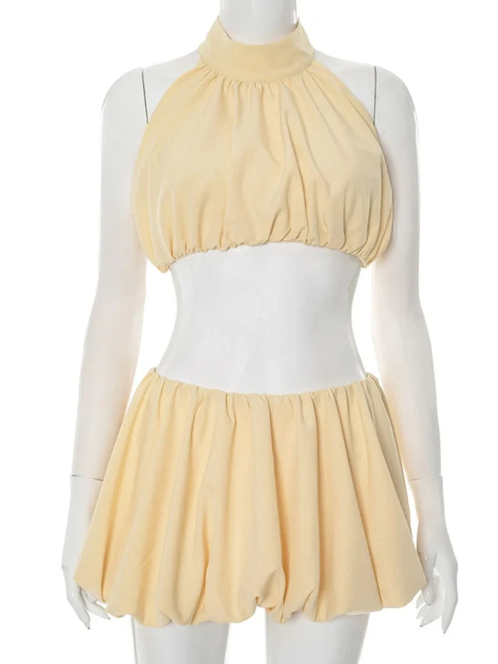Button Back Halter Crop Top and Shorts Set