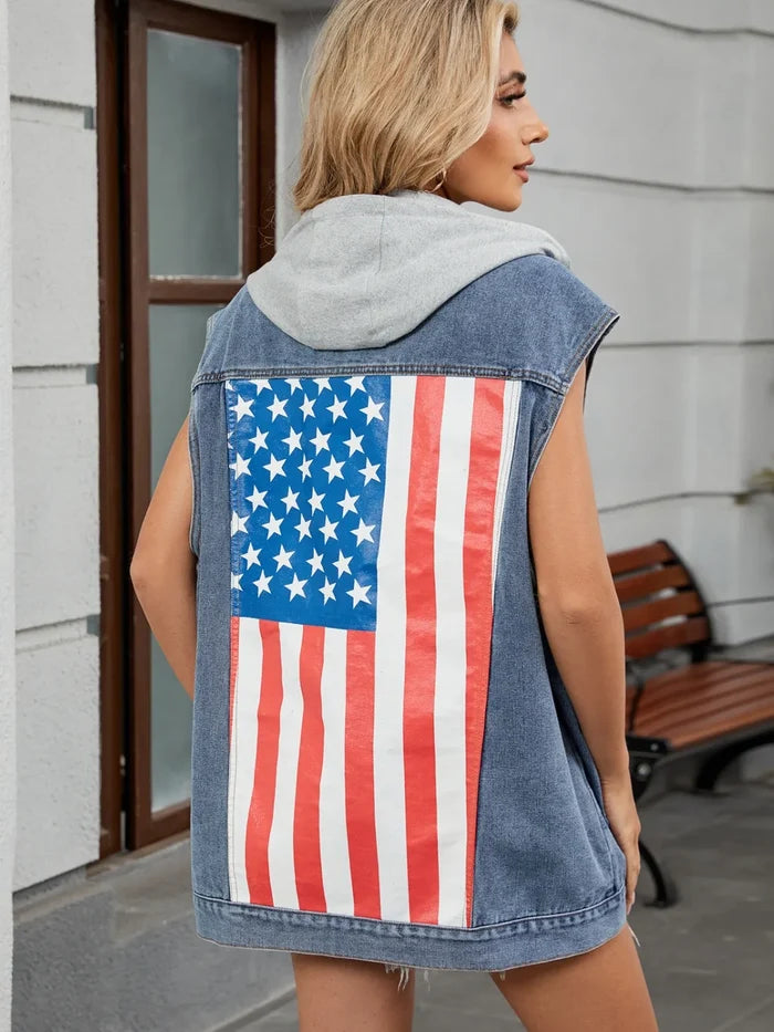 Button Down US Flag Denim Vest