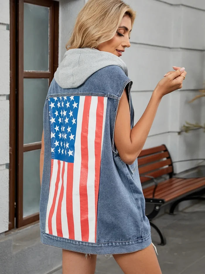 Button Down US Flag Denim Vest