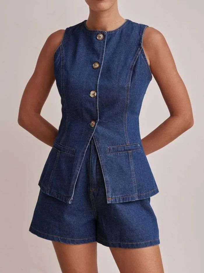 Button Down Vest and Shorts Denim Set