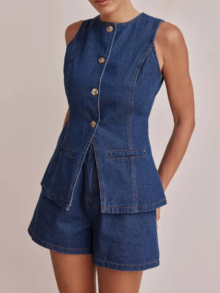 Button Down Vest and Shorts Denim Set