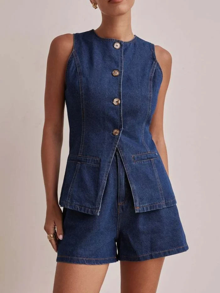 Button Down Vest and Shorts Denim Set