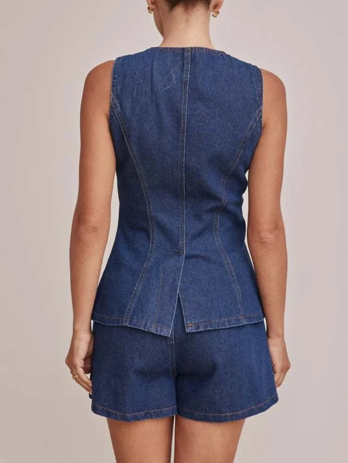 Button Down Vest and Shorts Denim Set
