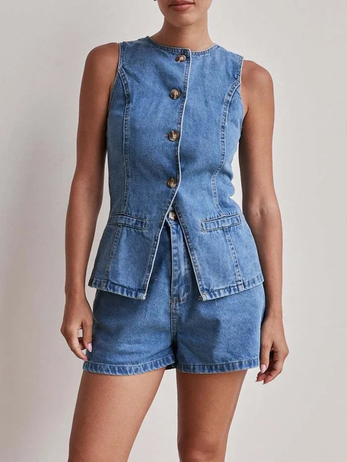 Button Down Vest and Shorts Denim Set