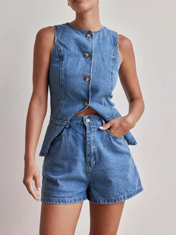 Button Down Vest and Shorts Denim Set