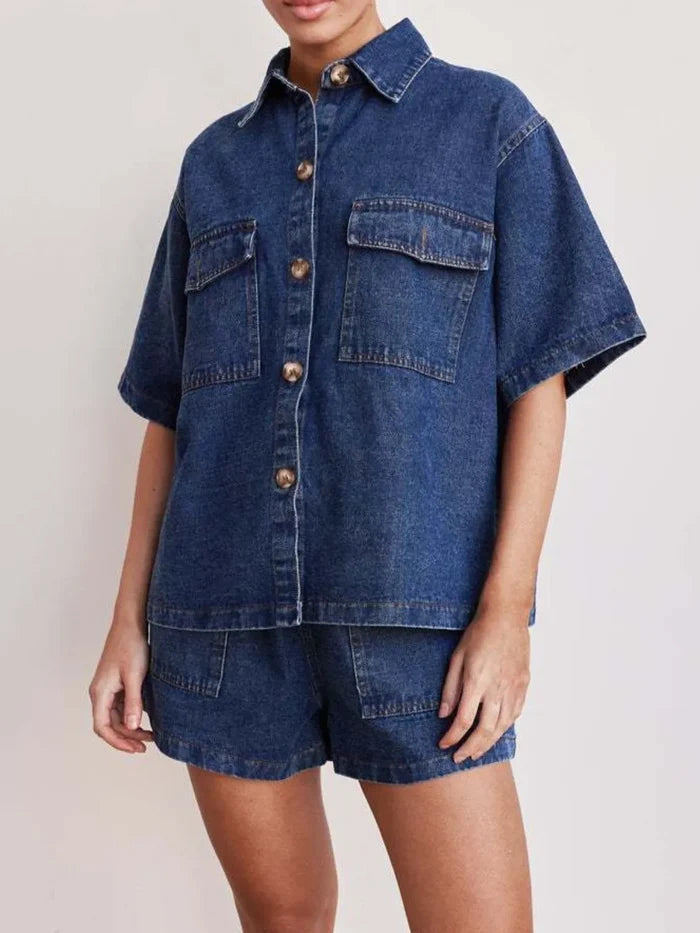 Button Up Short Sleeve Top and Shorts Denim Set