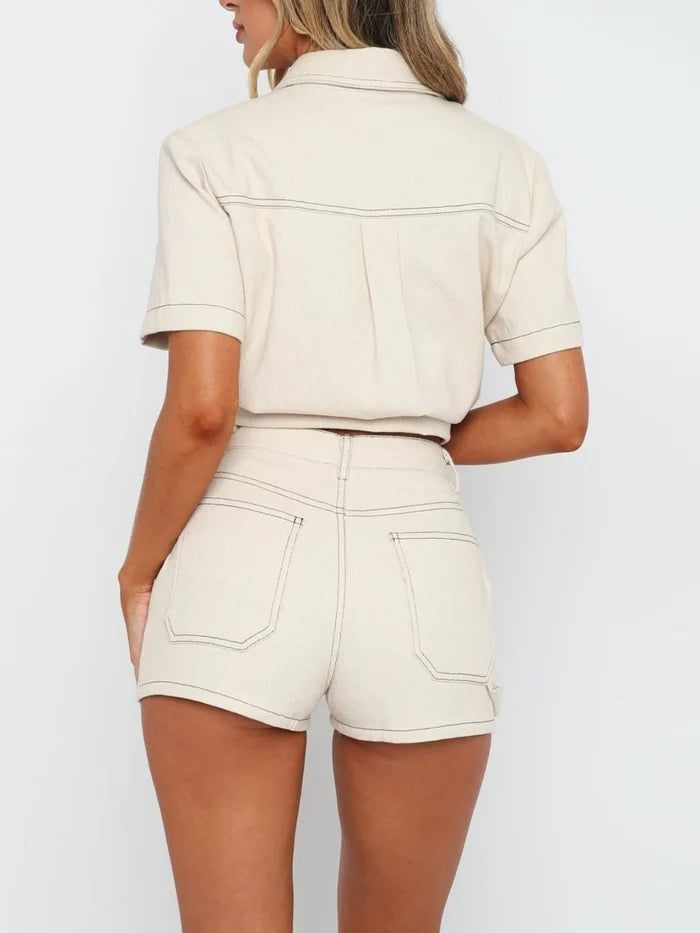 Button Up Short Sleeve Top and Shorts Denim Set