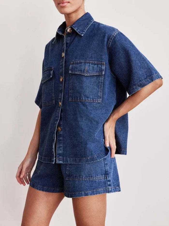 Button Up Short Sleeve Top and Shorts Denim Set