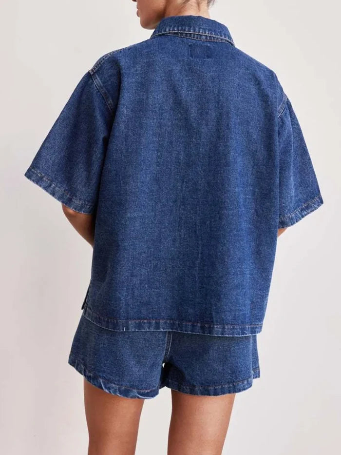 Button Up Short Sleeve Top and Shorts Denim Set