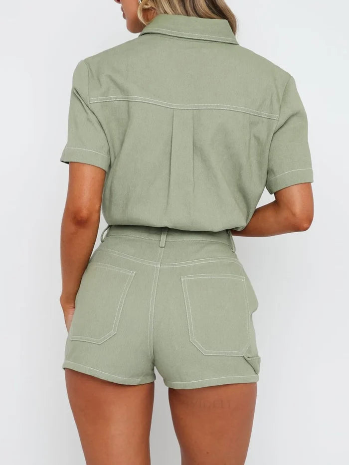 Button Up Short Sleeve Top and Shorts Denim Set