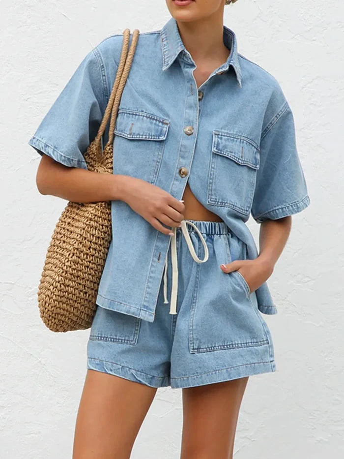 Button Up Short Sleeve Top and Shorts Denim Set