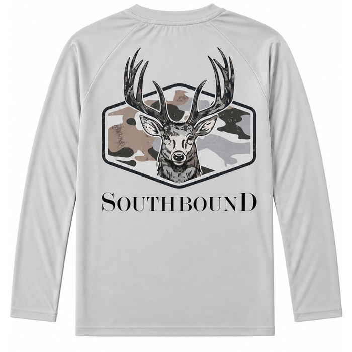 Boys light gray long sleeve performance shirt with camo deer head graphic and “Southbound” text on the back