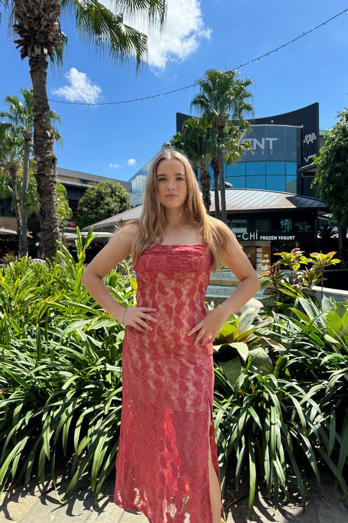 Celine Lace Midi - Coral Red - Runway Goddess