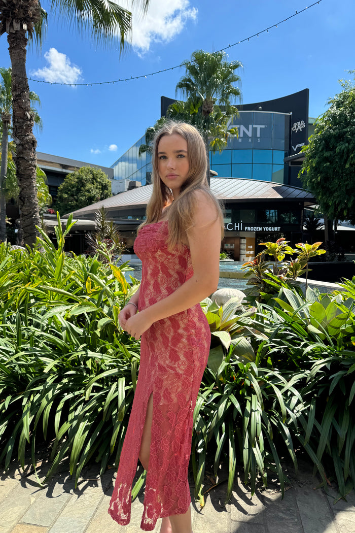 Celine Lace Midi - Coral Red - Runway Goddess
