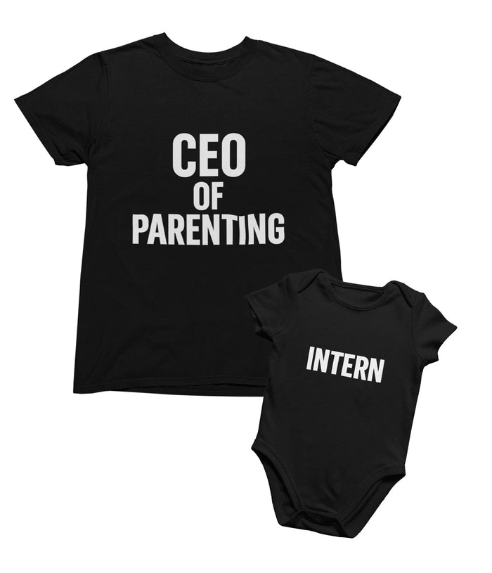 white t-shirt with CEO of Parenting slogan and matching intern baby grow gift set for new parents