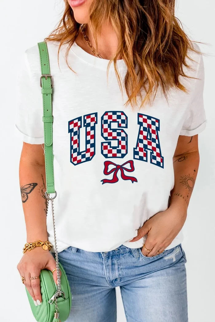 Checkered USA Graphic Round Neck Tee
