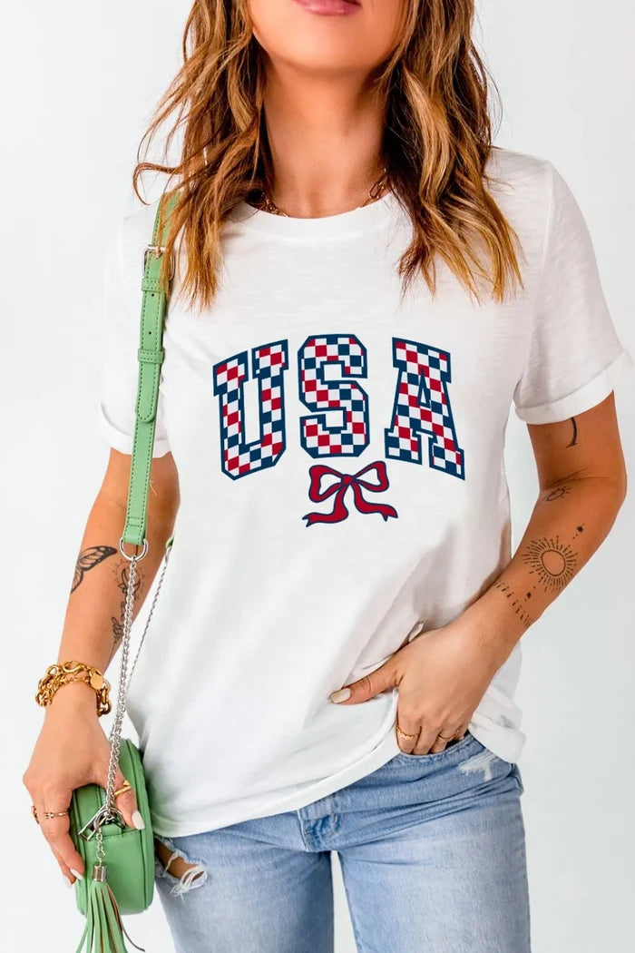Checkered USA Graphic Round Neck Tee