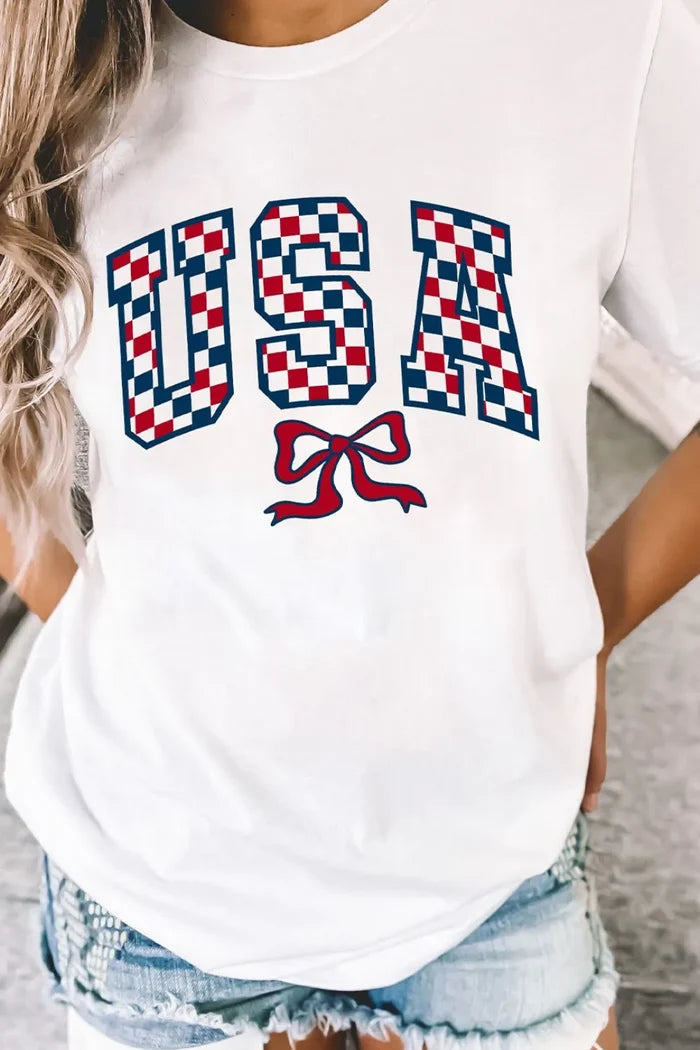 Checkered USA Graphic Round Neck Tee