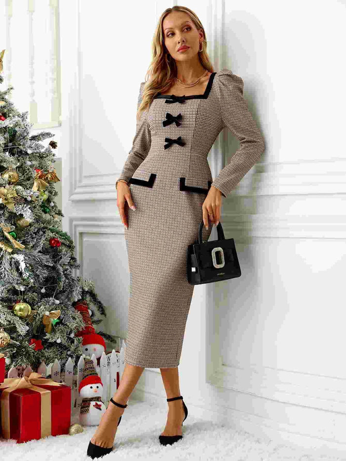 Chic Bow Plaid Puff Sleeve Dress with Square Neck Elegance