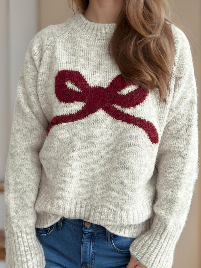 Chic Bow Round Neck Sweater - Soft Knit, Cozy & Versatile