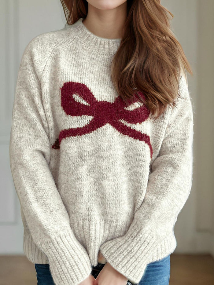 Chic Bow Round Neck Sweater - Soft Knit, Cozy & Versatile