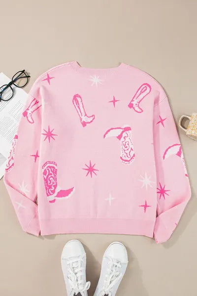 Chic Pink Boots Pattern Long Sleeve Top for Women