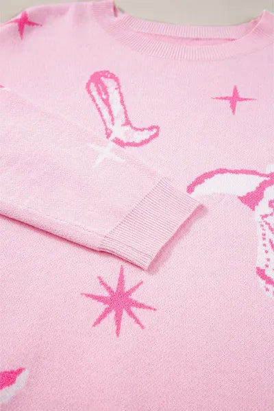 Chic Pink Boots Pattern Long Sleeve Top for Women