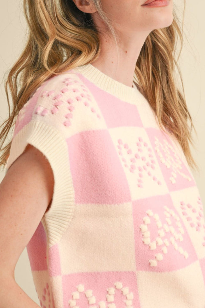 Chic Pink & Cream Bow Checkered Round Neck Sweater Vest