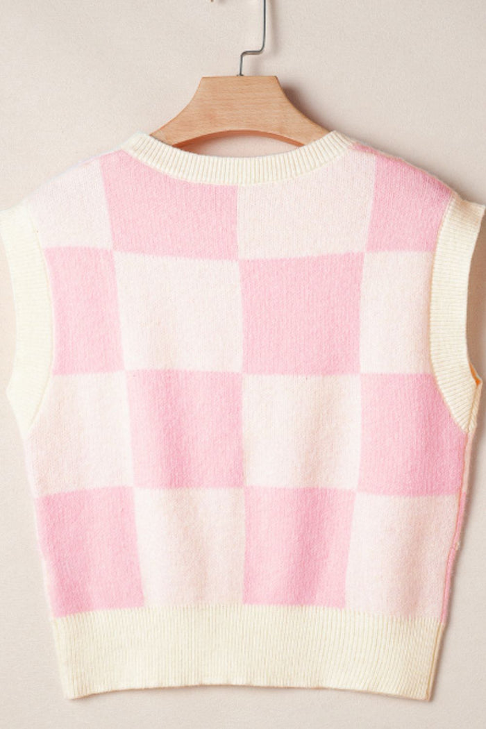 Chic Pink & Cream Bow Checkered Round Neck Sweater Vest