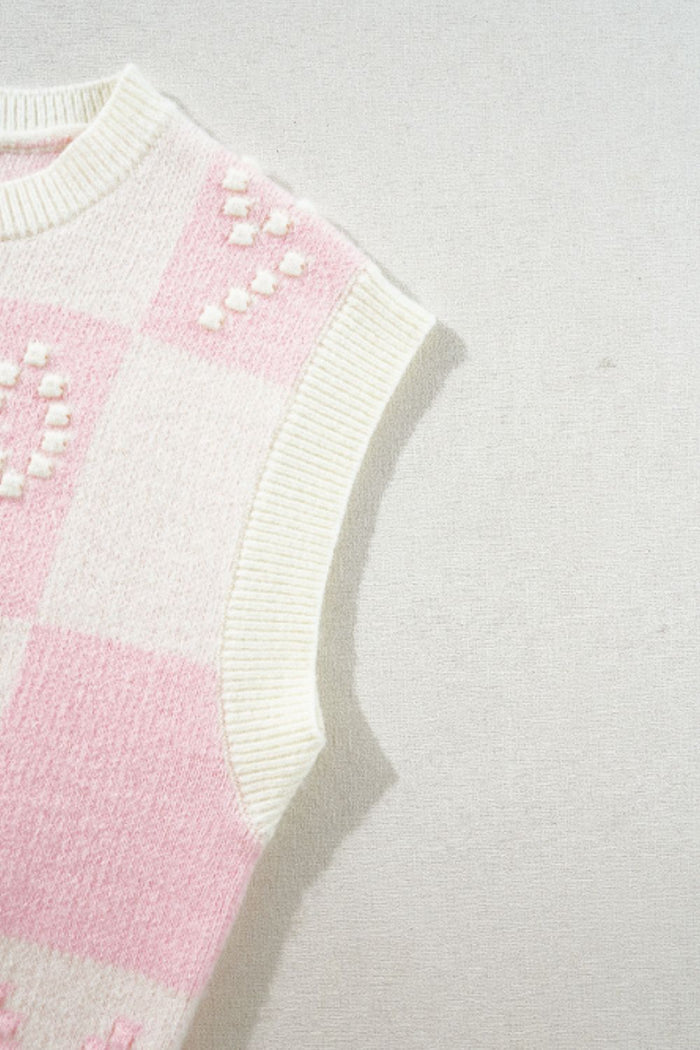 Chic Pink & Cream Bow Checkered Round Neck Sweater Vest