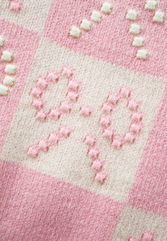 Chic Pink & Cream Bow Checkered Round Neck Sweater Vest
