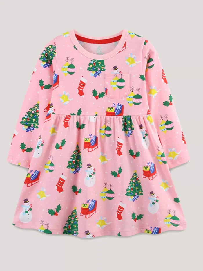 Children's Christmas Print Long Sleeve Casual Dress