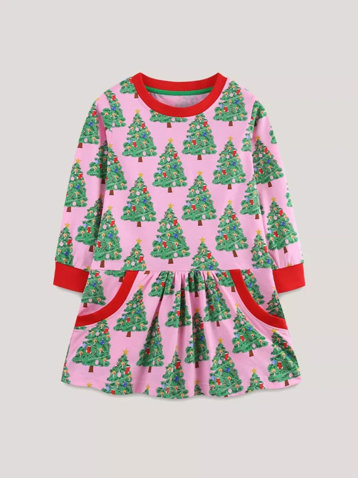 Children's Christmas Tree Print Long Sleeve Dress