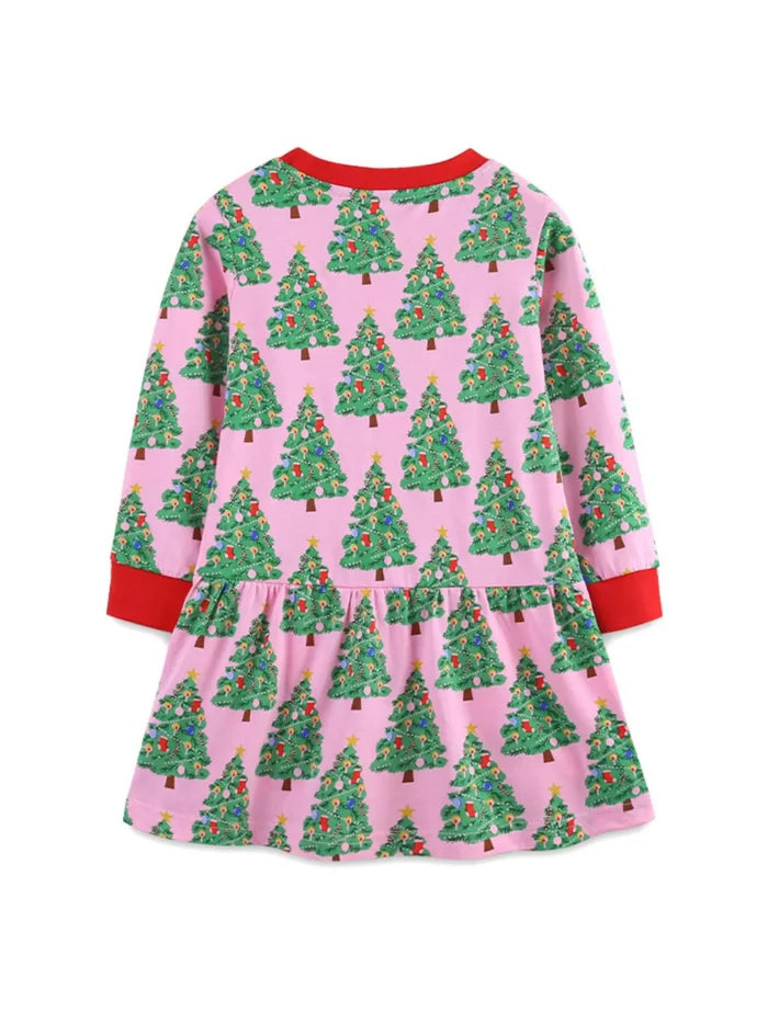 Children's Christmas Tree Print Long Sleeve Dress