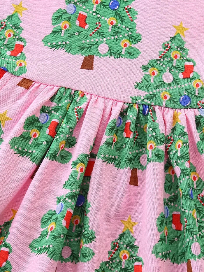 Children's Christmas Tree Print Long Sleeve Dress
