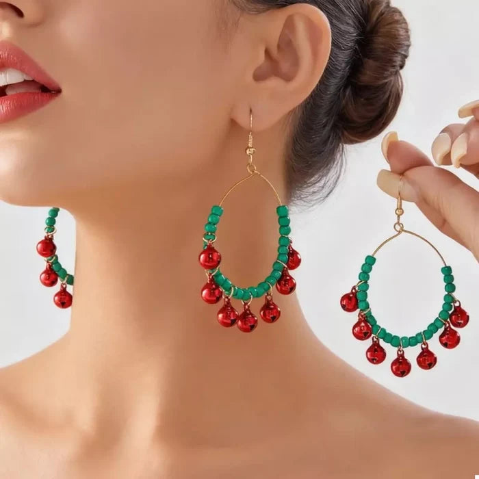 Christmas Beaded Hoop Earrings with Jingle Bells