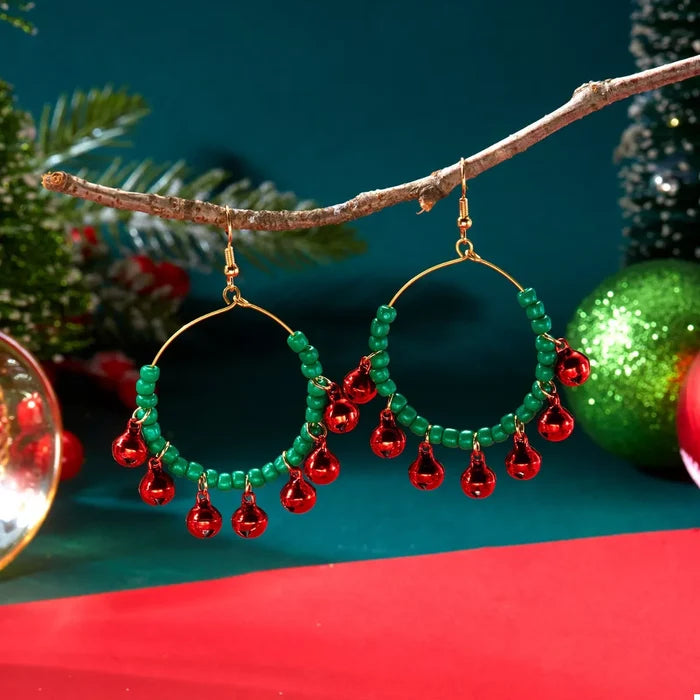 Christmas Beaded Hoop Earrings with Jingle Bells