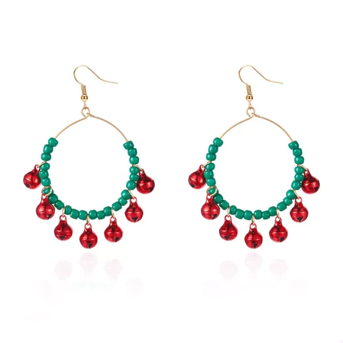 Christmas Beaded Hoop Earrings with Jingle Bells