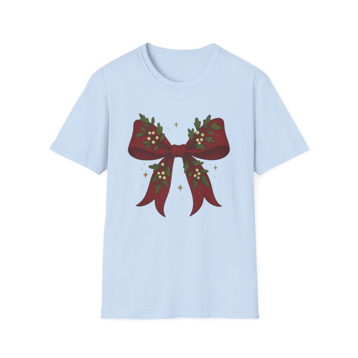 white t-shirt with Christmas bow design