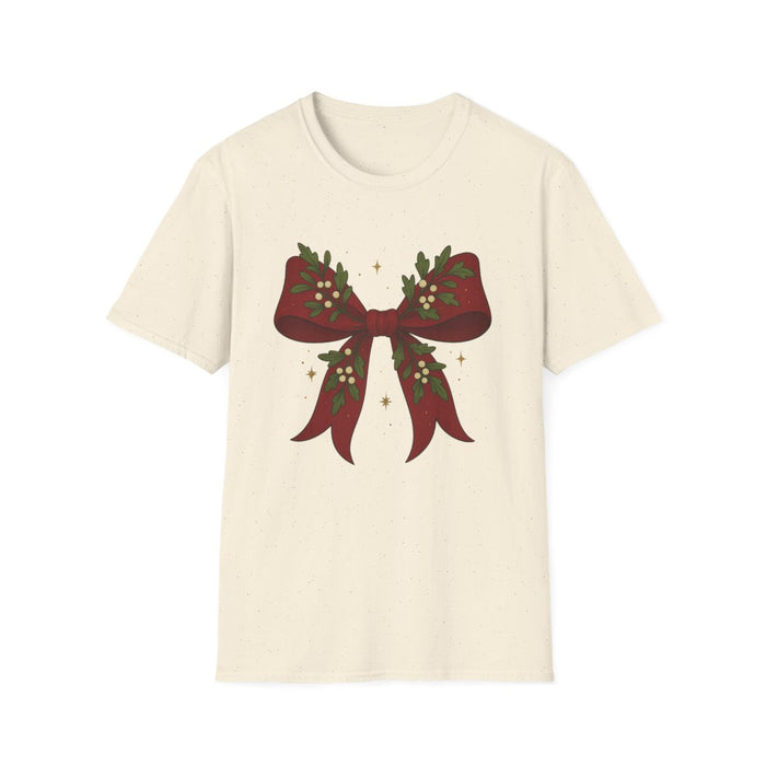 light blue t-shirt with festive bow graphic